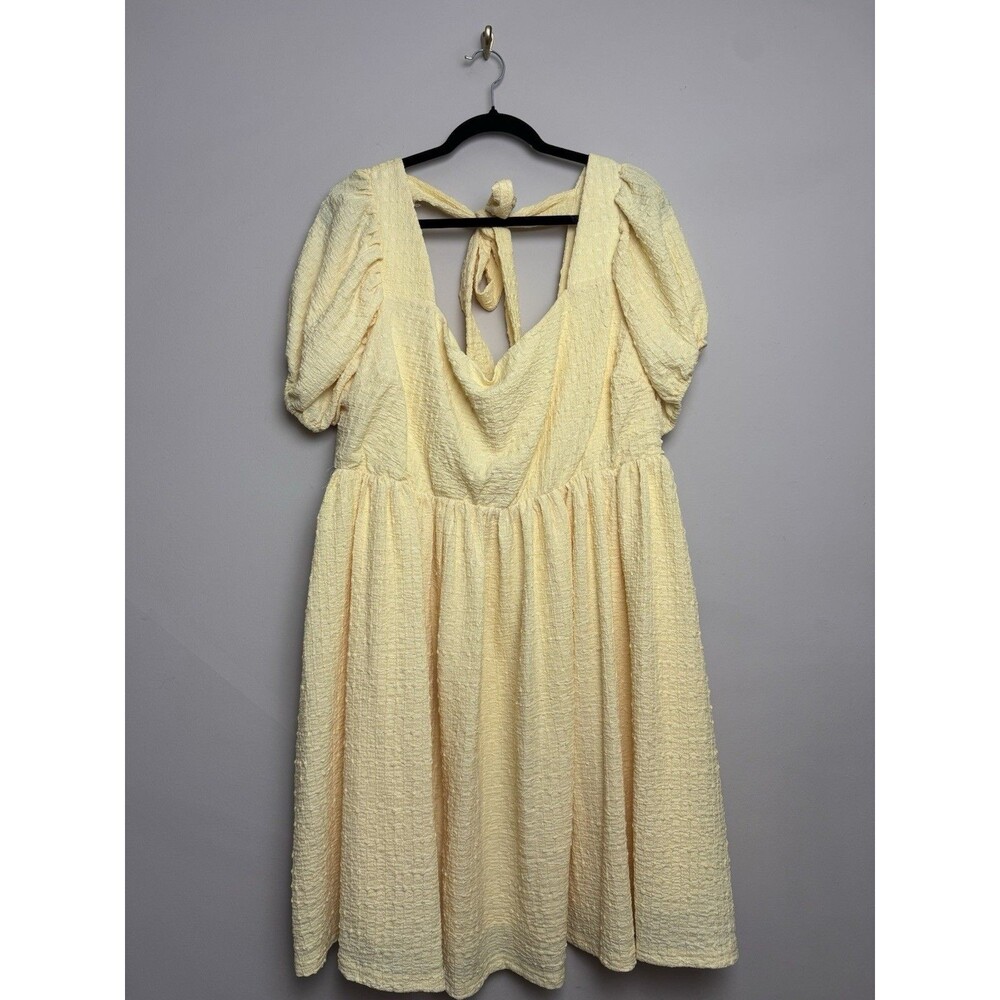 ARULA Pale Yellow Midi Dress with Puff Sleeves